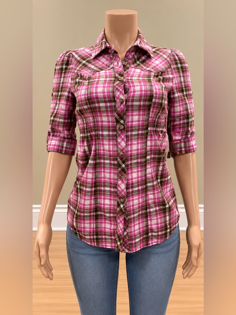 Vintage Y2K Arizona Pink Plaid Fitted Button Down Shirt XS Early 2000s